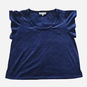 Pink Rose Eyelet Cropped Top Ruffled Sleeves Embroidered Navy Blue Relaxed Fit